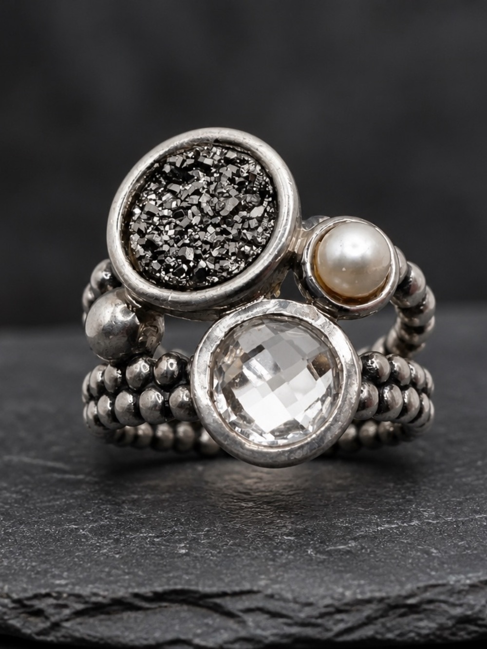 Size 9.5 Multi-Accent Stackable Ring with topaz, Druzy and Pearl